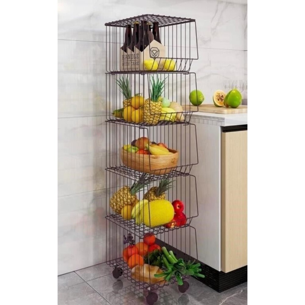 BENOSS Metal Fruit Basket w/Wheels Fruit & Vegetable Storage 5pc Stackable Bins